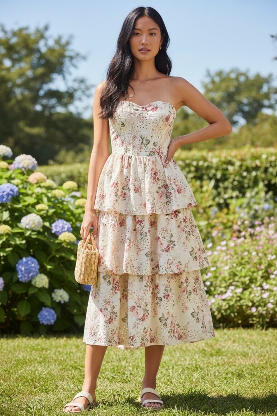 Sofie the Label sz small floral corset eyelet tiered midi dress cottage core